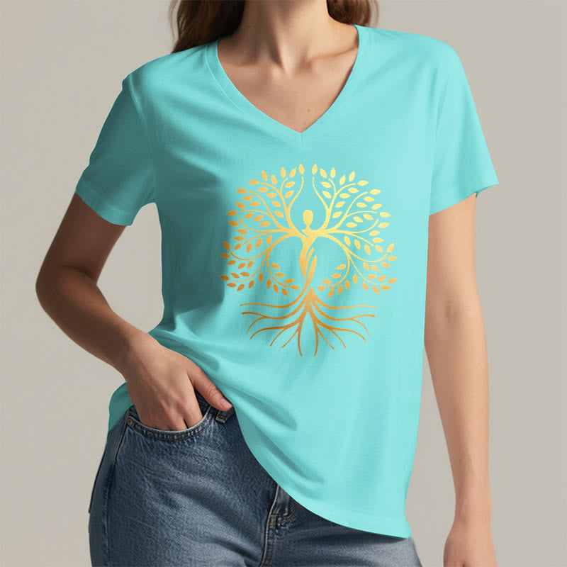 Olivenorma Gold Foil Human Silhouette Tree Of Life Spiritual Graphic Women's V Neck T-Shirt - image 11