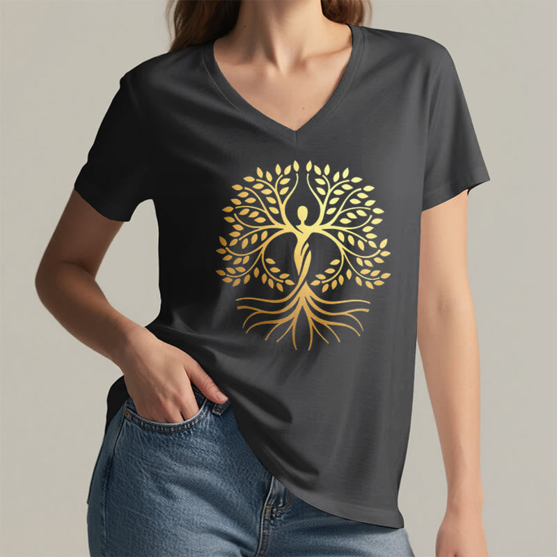 Olivenorma Gold Foil Human Silhouette Tree Of Life Spiritual Graphic Women's V Neck T-Shirt - image 17