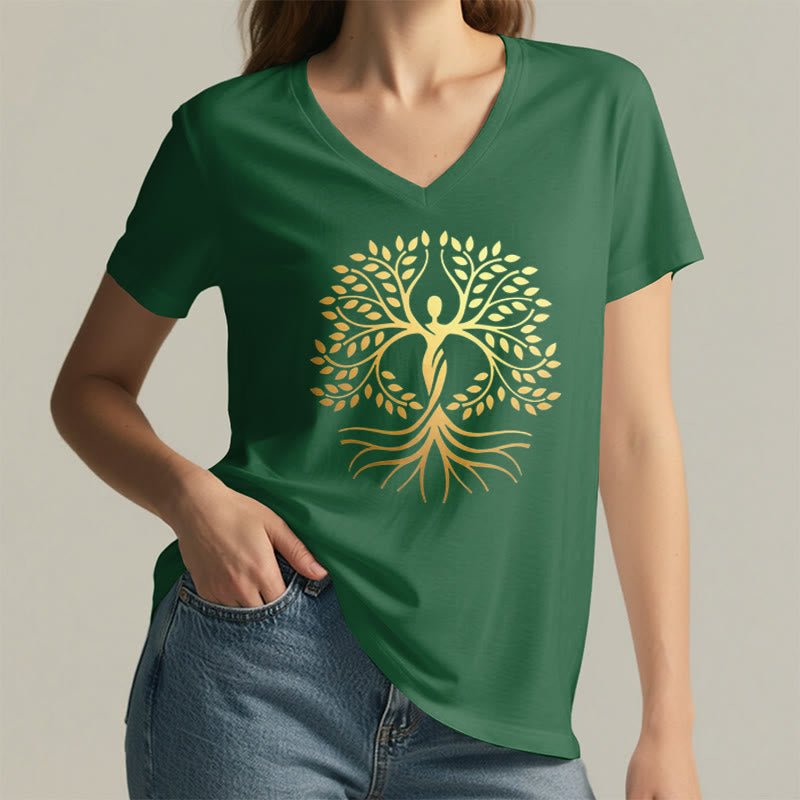 Olivenorma Gold Foil Human Silhouette Tree Of Life Spiritual Graphic Women's V Neck T-Shirt - image 26