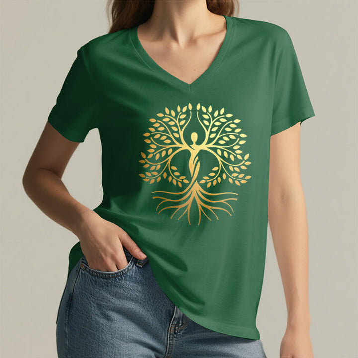 Olivenorma Gold Foil Human Silhouette Tree Of Life Spiritual Graphic Women's V Neck T-Shirt - image 26