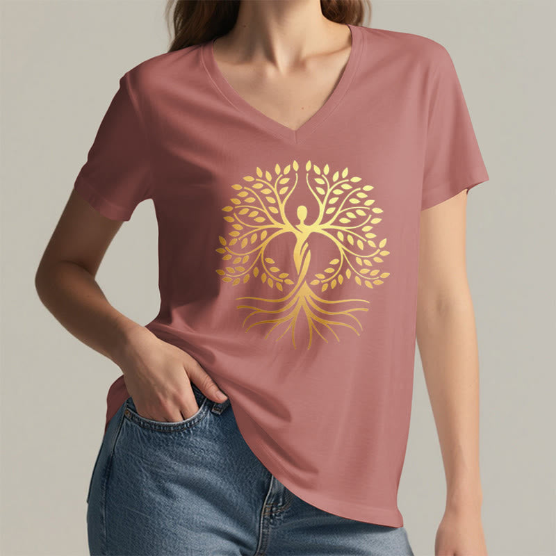Olivenorma Gold Foil Human Silhouette Tree Of Life Spiritual Graphic Women's V Neck T-Shirt - image 8