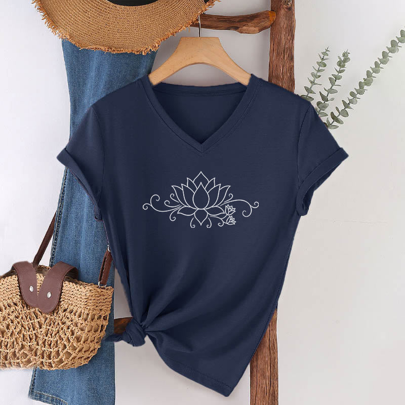 Olivenorma Ornate Swirl Vine White Line Lotus Boho Graphic Women's V Neck T-Shirt - Navy Blue - 2XL - image 24