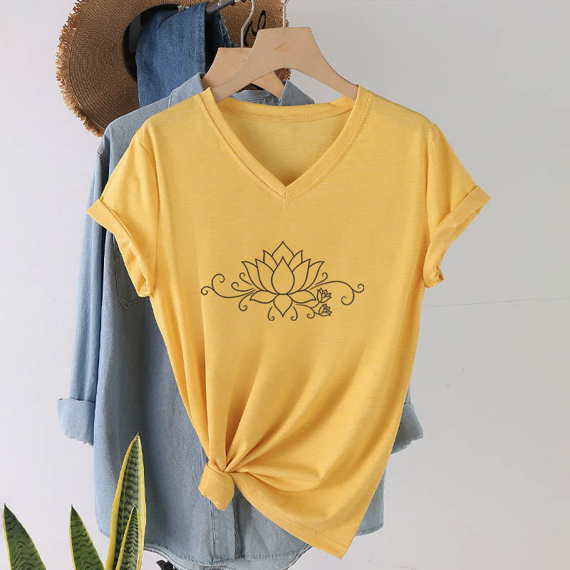 Olivenorma Ornate Swirl Vine White Line Lotus Boho Graphic Women's V Neck T-Shirt - Yellow - 2XL - image 30