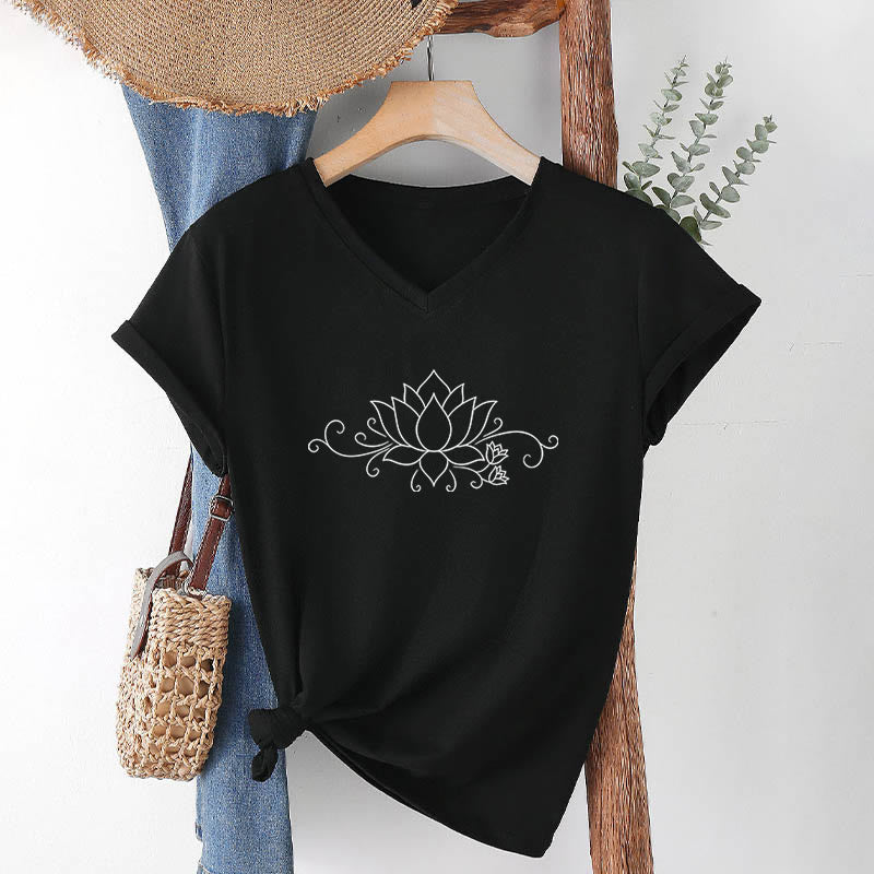 Olivenorma Ornate Swirl Vine White Line Lotus Boho Graphic Women's V Neck T-Shirt - Black - 2XL - image 15