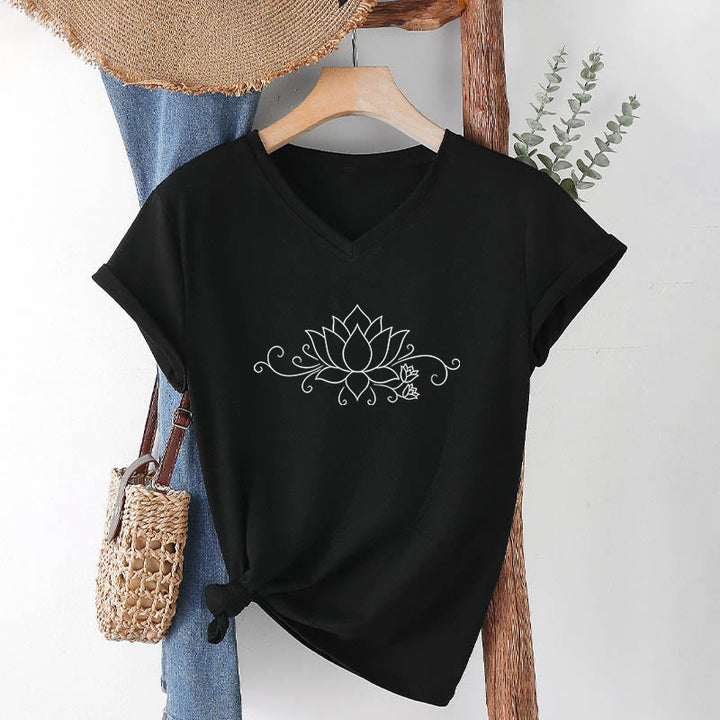 Olivenorma Ornate Swirl Vine White Line Lotus Boho Graphic Women's V Neck T-Shirt - Black - 2XL - image 15