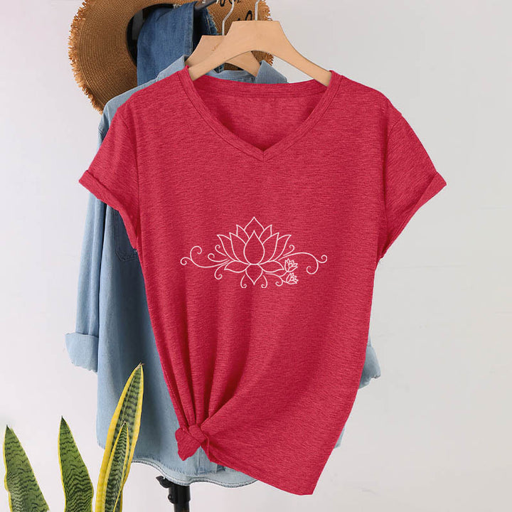 Olivenorma Ornate Swirl Vine White Line Lotus Boho Graphic Women's V Neck T-Shirt - Red - 2XL - image 27