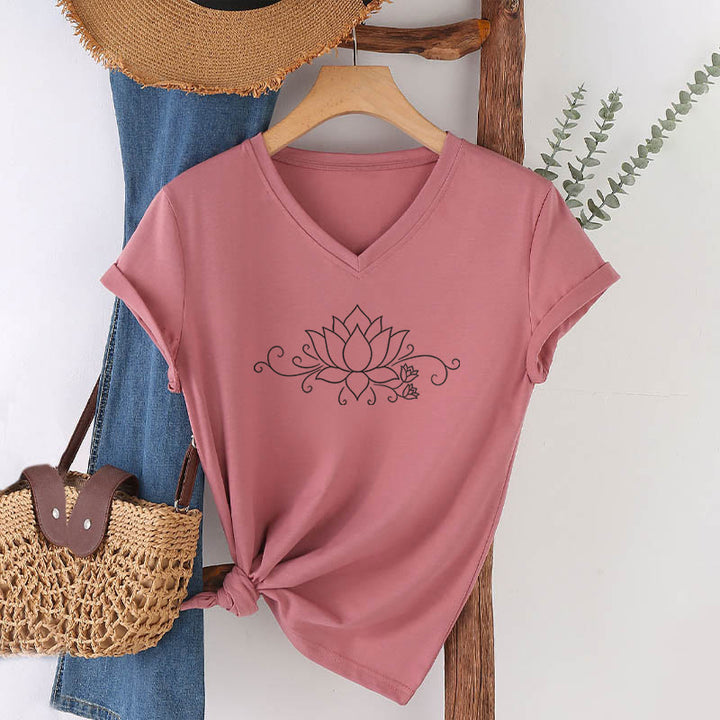 Olivenorma Ornate Swirl Vine White Line Lotus Boho Graphic Women's V Neck T-Shirt - Pink - 2XL - image 9