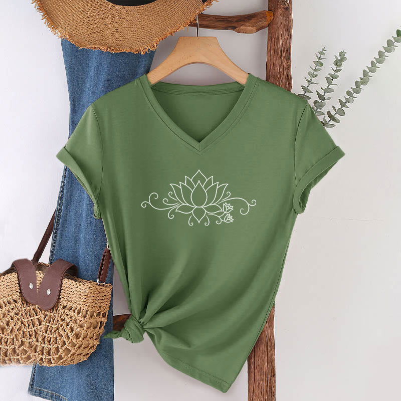 Olivenorma Ornate Swirl Vine White Line Lotus Boho Graphic Women's V Neck T-Shirt - Olive Green - 2XL - image 3