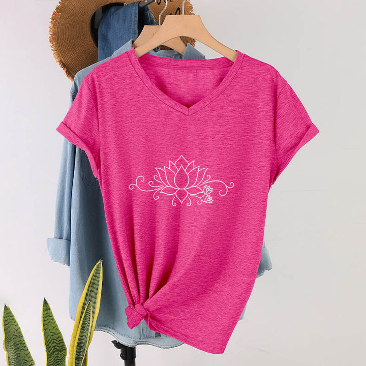 Olivenorma Ornate Swirl Vine White Line Lotus Boho Graphic Women's V Neck T-Shirt - Rose Red - 2XL - image 33