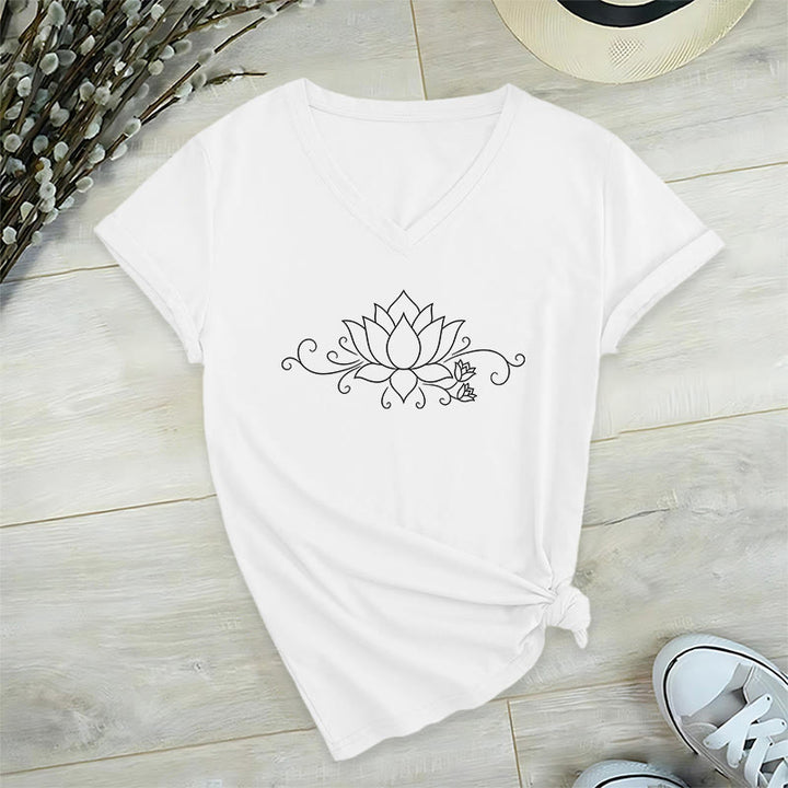 Olivenorma Ornate Swirl Vine White Line Lotus Boho Graphic Women's V Neck T-Shirt - image 22