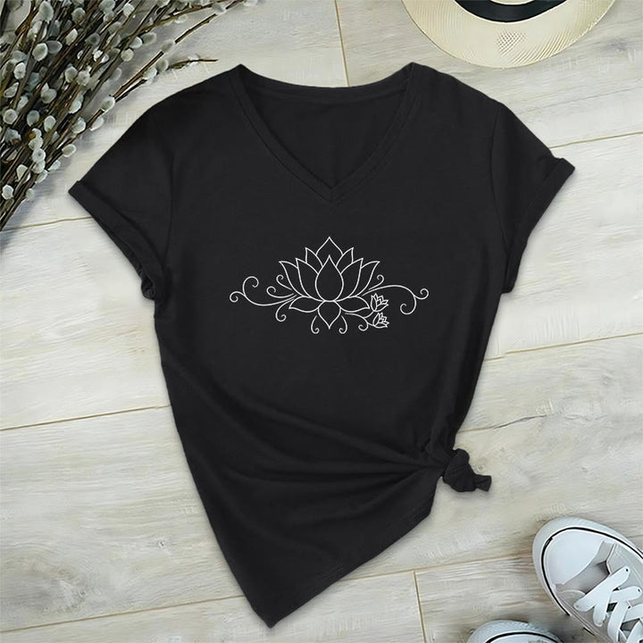 Olivenorma Ornate Swirl Vine White Line Lotus Boho Graphic Women's V Neck T-Shirt - image 16