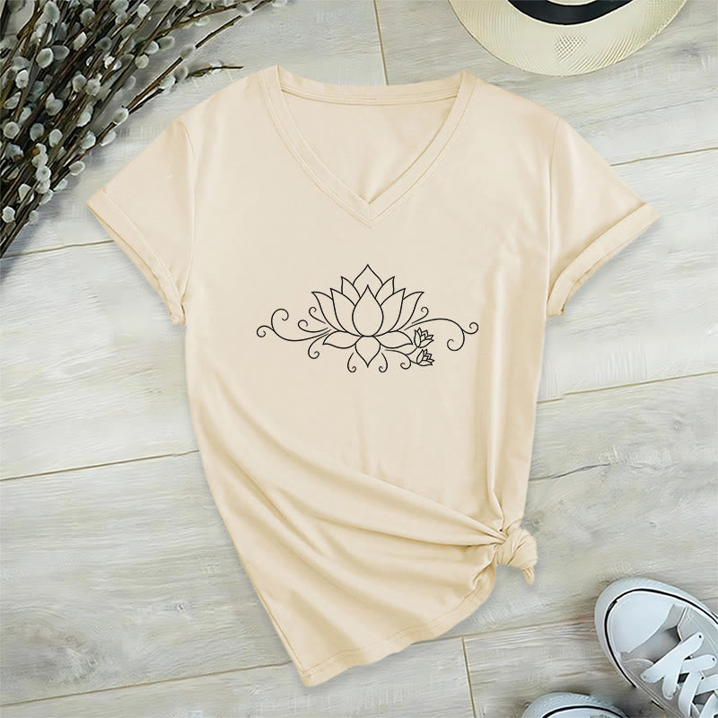 Olivenorma Ornate Swirl Vine White Line Lotus Boho Graphic Women's V Neck T-Shirt - image 7