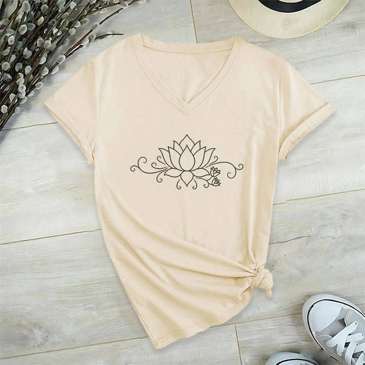 Olivenorma Ornate Swirl Vine White Line Lotus Boho Graphic Women's V Neck T-Shirt - image 7