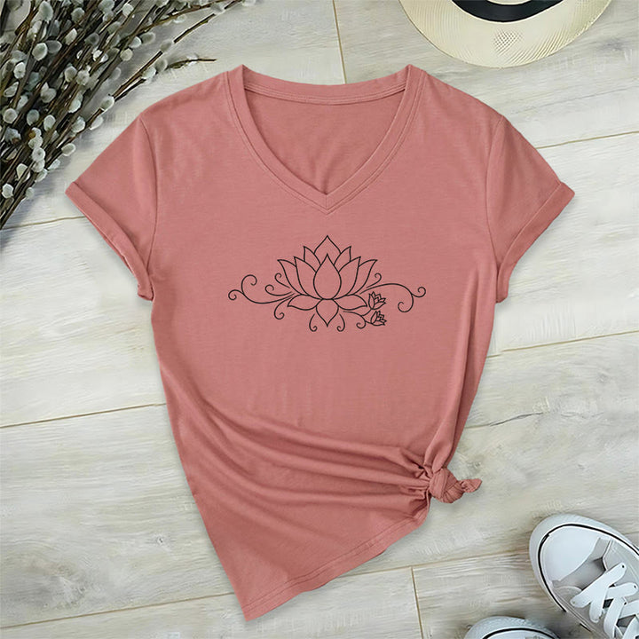 Olivenorma Ornate Swirl Vine White Line Lotus Boho Graphic Women's V Neck T-Shirt - image 10