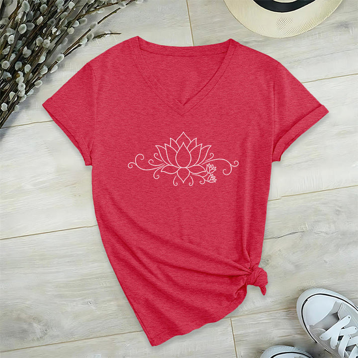 Olivenorma Ornate Swirl Vine White Line Lotus Boho Graphic Women's V Neck T-Shirt - image 28
