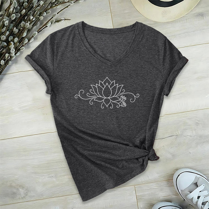 Olivenorma Ornate Swirl Vine White Line Lotus Boho Graphic Women's V Neck T-Shirt - image 19