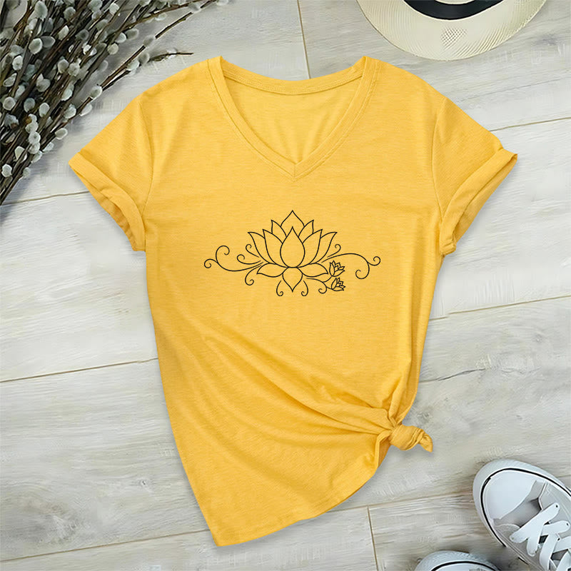Olivenorma Ornate Swirl Vine White Line Lotus Boho Graphic Women's V Neck T-Shirt - image 31
