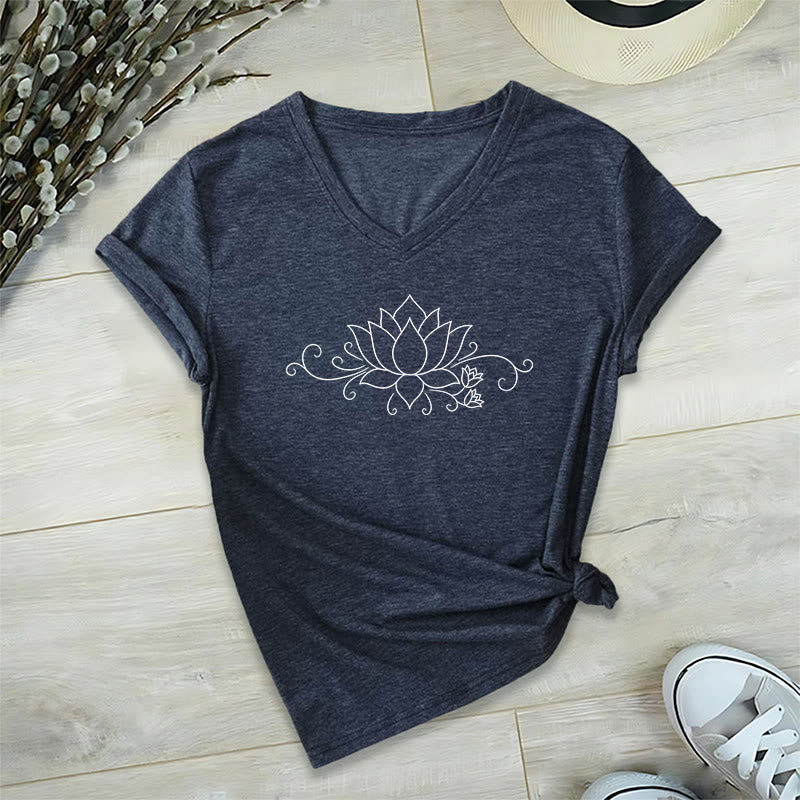 Olivenorma Ornate Swirl Vine White Line Lotus Boho Graphic Women's V Neck T-Shirt - image 25