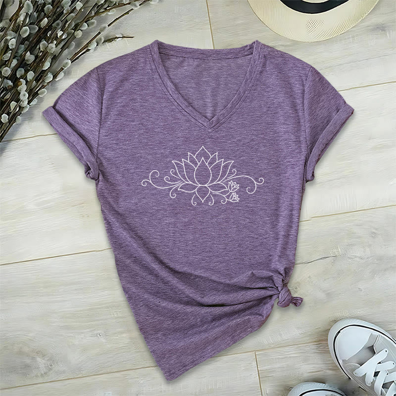 Olivenorma Ornate Swirl Vine White Line Lotus Boho Graphic Women's V Neck T-Shirt - image 37