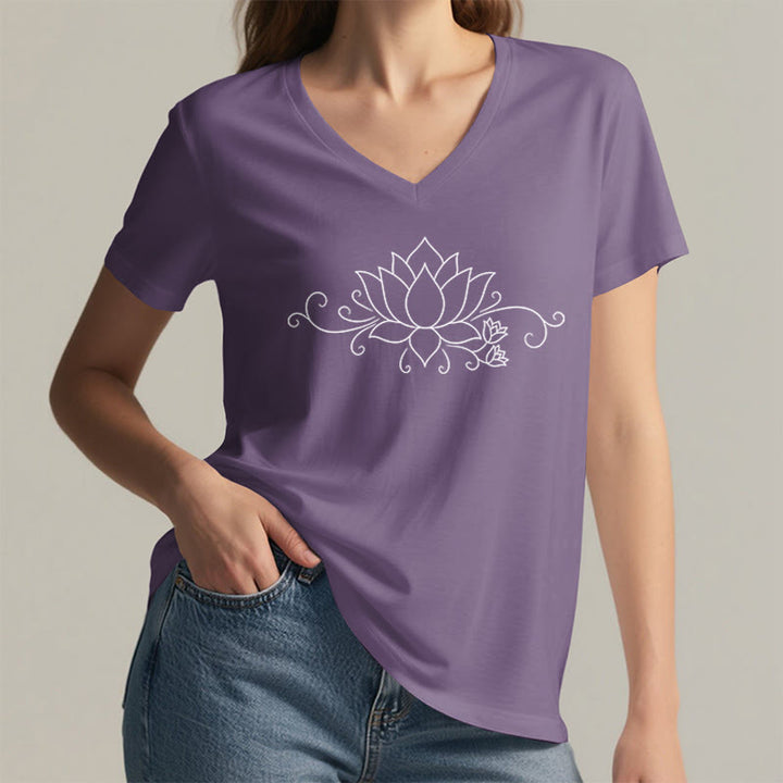 Olivenorma Ornate Swirl Vine White Line Lotus Boho Graphic Women's V Neck T-Shirt - image 38