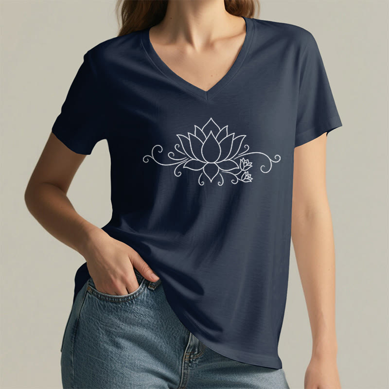 Olivenorma Ornate Swirl Vine White Line Lotus Boho Graphic Women's V Neck T-Shirt - image 26