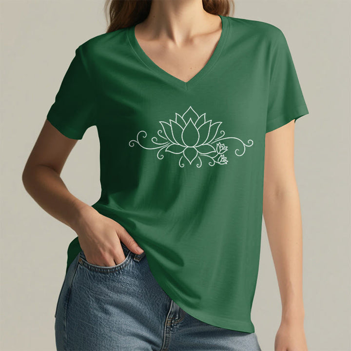 Olivenorma Ornate Swirl Vine White Line Lotus Boho Graphic Women's V Neck T-Shirt - image 2