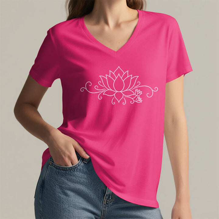 Olivenorma Ornate Swirl Vine White Line Lotus Boho Graphic Women's V Neck T-Shirt - image 35