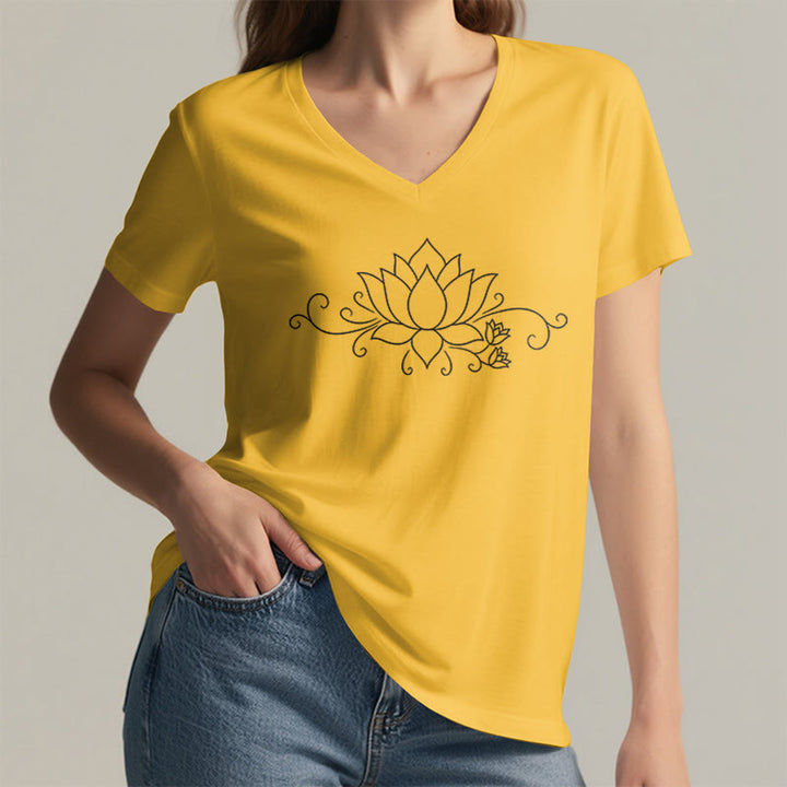 Olivenorma Ornate Swirl Vine White Line Lotus Boho Graphic Women's V Neck T-Shirt - image 32