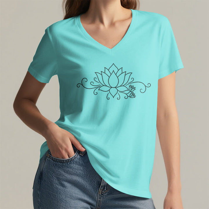 Olivenorma Ornate Swirl Vine White Line Lotus Boho Graphic Women's V Neck T-Shirt - image 14