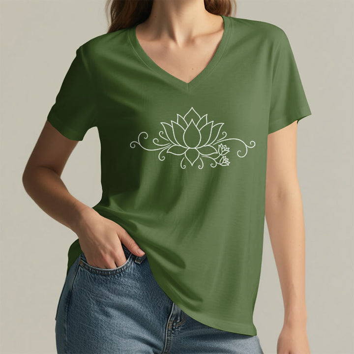 Olivenorma Ornate Swirl Vine White Line Lotus Boho Graphic Women's V Neck T-Shirt - image 5