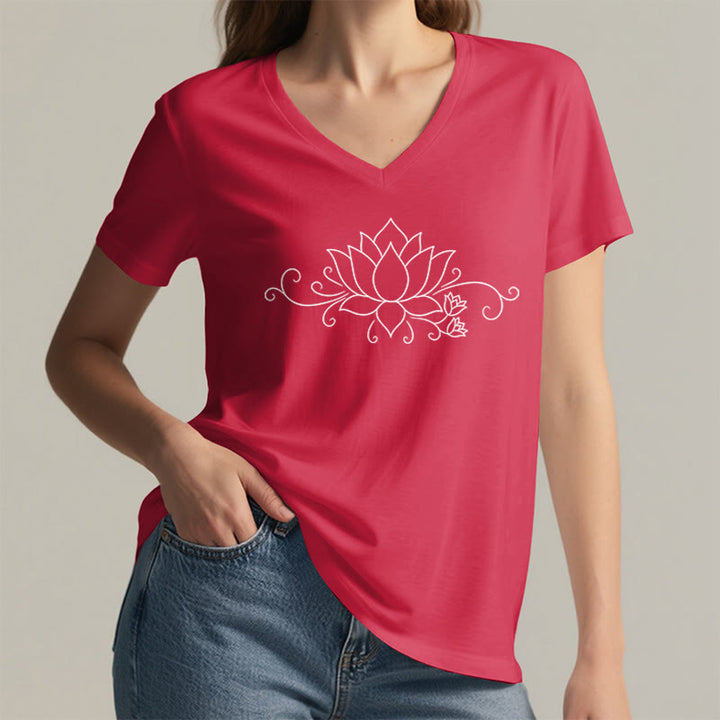 Olivenorma Ornate Swirl Vine White Line Lotus Boho Graphic Women's V Neck T-Shirt - image 29