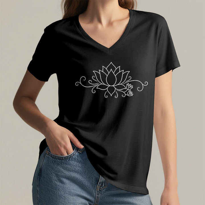 Olivenorma Ornate Swirl Vine White Line Lotus Boho Graphic Women's V Neck T-Shirt - image 17