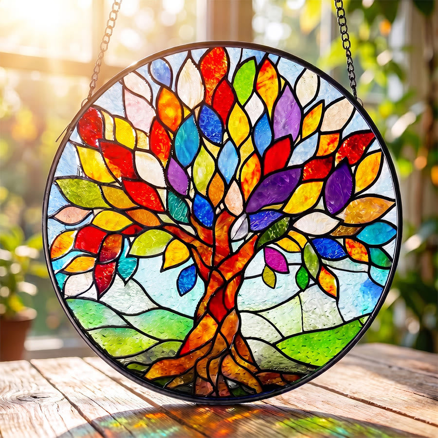 Olivenorma 2D Flat Boho Multicolor Leaf Tree Of Life Stained Glass Sun Catcher - image 1
