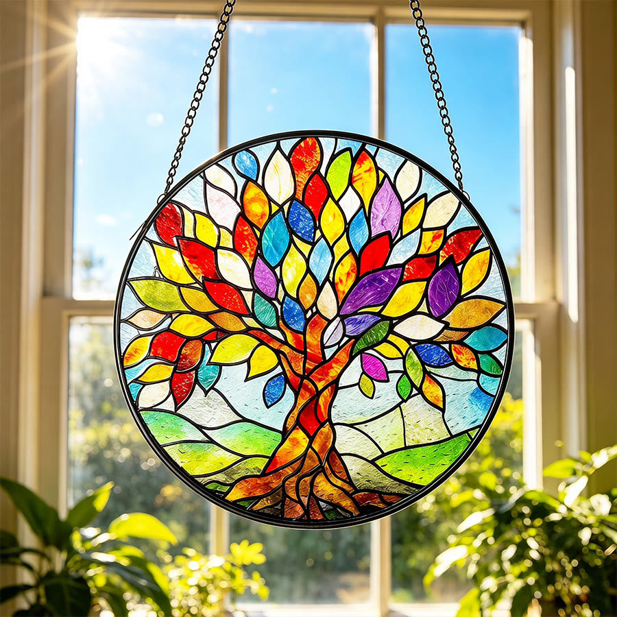 Olivenorma 2D Flat Boho Multicolor Leaf Tree Of Life Stained Glass Sun Catcher - 30cm*30cm - image 0
