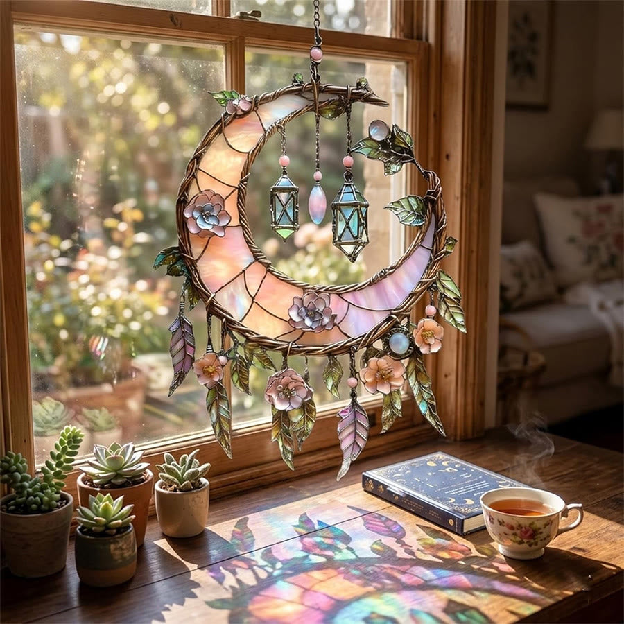 Olivenorma 2D Crescent Moon Floral Lantern Wreath Acrylic Sun Catcher - image 1