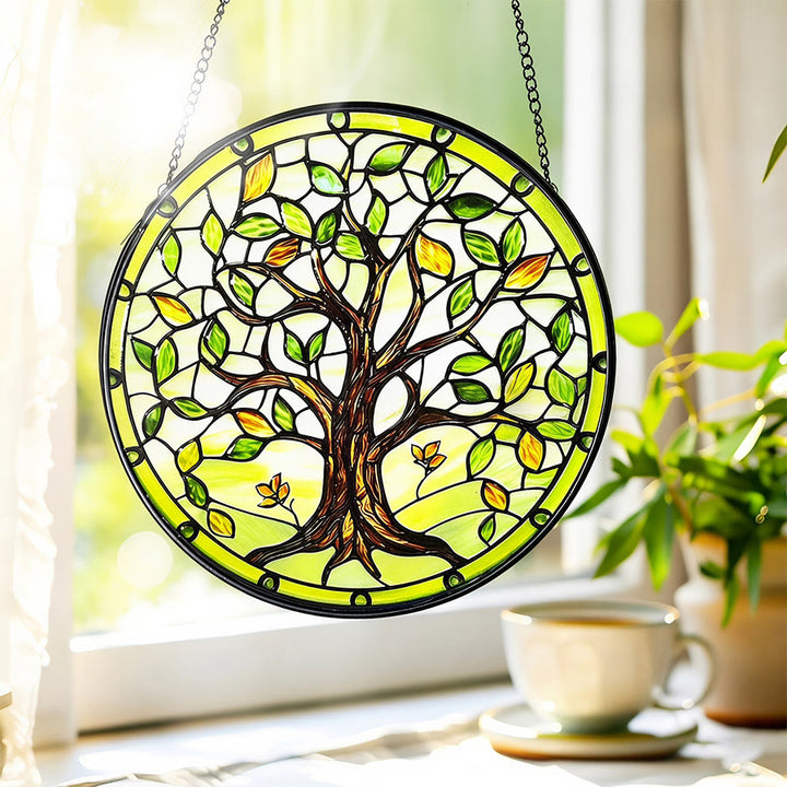 Olivenorma 2D Round Green Season Tree Of Life Glass Stained Glass Sun Catcher - image 1