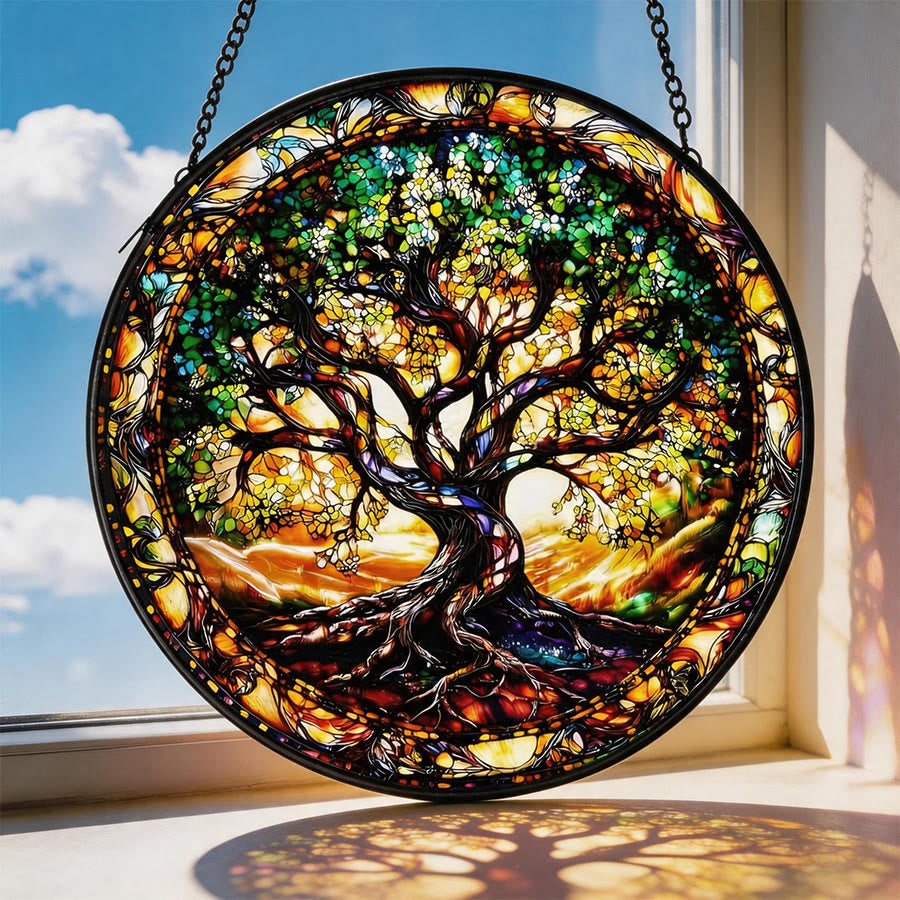 Olivenorma 2D Vintage Color Mosaic Rooted Life Tree Glass Stained Glass Sun Catcher - 30cm*30cm - image 0
