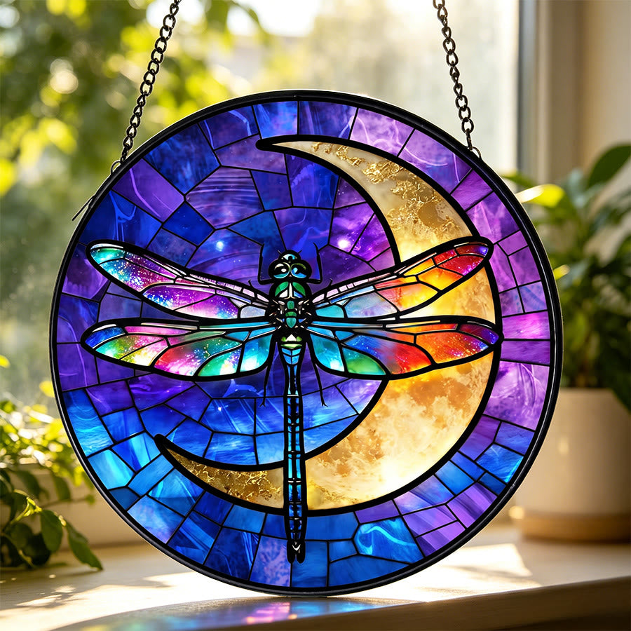 Olivenorma 2D Round Rainbow Dragonfly Crescent Moon Glass Stained Glass Sun Catcher - 30cm*30cm - image 0