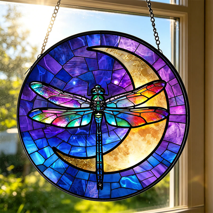 Olivenorma 2D Round Rainbow Dragonfly Crescent Moon Glass Stained Glass Sun Catcher - image 2