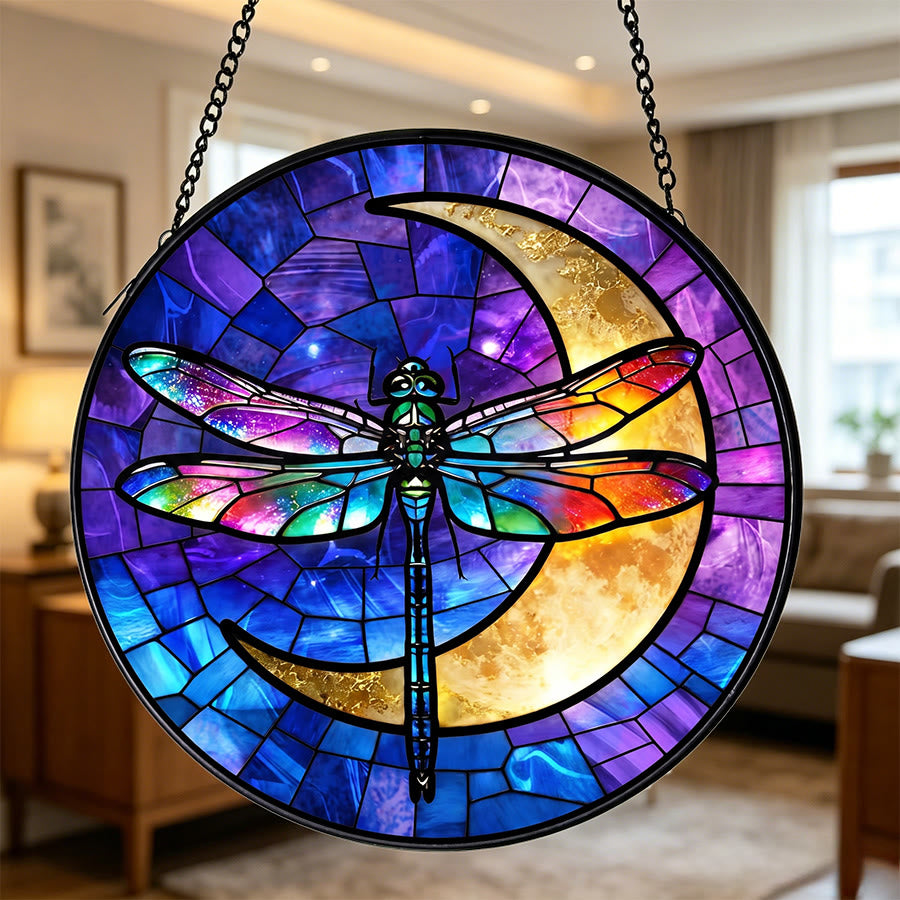 Olivenorma 2D Round Rainbow Dragonfly Crescent Moon Glass Stained Glass Sun Catcher - image 1