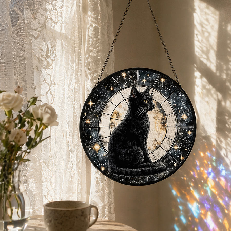 Olivenorma 2D Mystic Full Moon Black Cat Window Hanging Stained Glass Sun Catcher - image 3