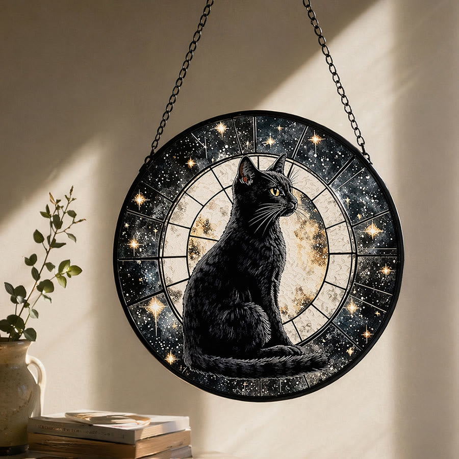 Olivenorma 2D Mystic Full Moon Black Cat Window Hanging Stained Glass Sun Catcher - 30cm*30cm - image 0