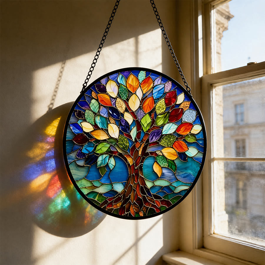 Olivenorma 2D Round Colorful Life Tree Spiritual Stained Glass Sun Catcher - 30cm*30cm - image 0