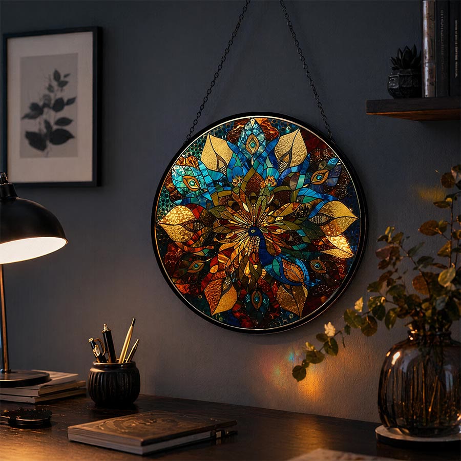 Olivenorma 2D Round Peacock Mandala Mosaic Stained Glass Sun Catcher - image 1