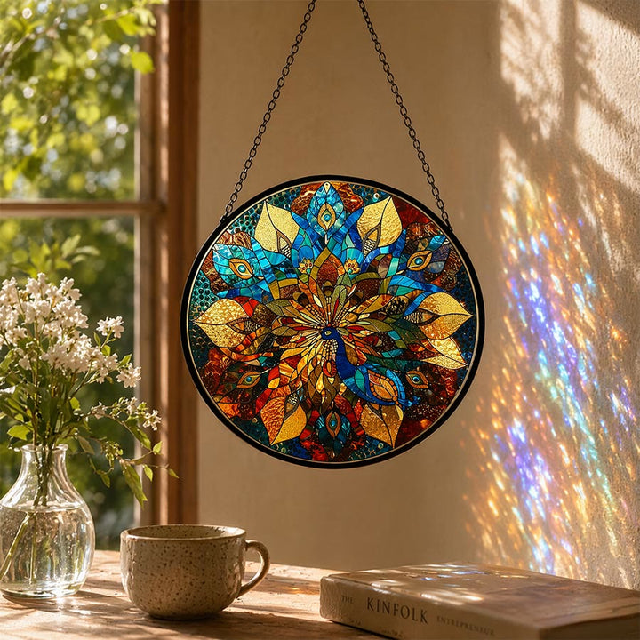 Olivenorma 2D Round Peacock Mandala Mosaic Stained Glass Sun Catcher - 30cm*30cm - image 0