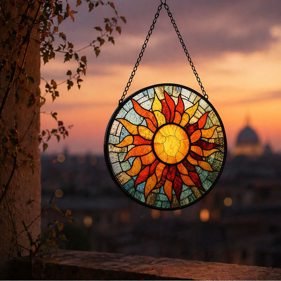 Olivenorma 2D Round Warm Sun Rays Mosaic Stained Glass Sun Catcher - image 5
