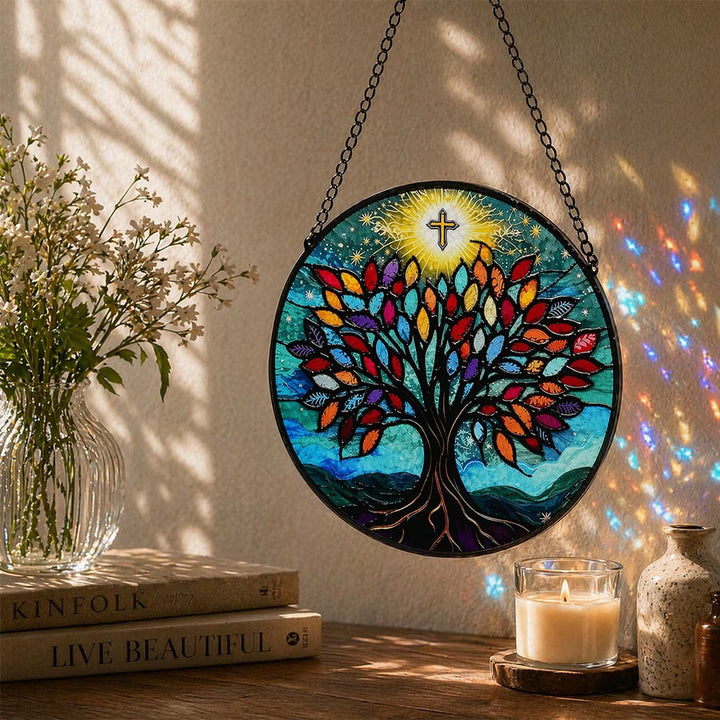 Olivenorma 2D Round Cross Life Of Life Galaxy Mosaic Stained Glass Sun Catcher - image 4