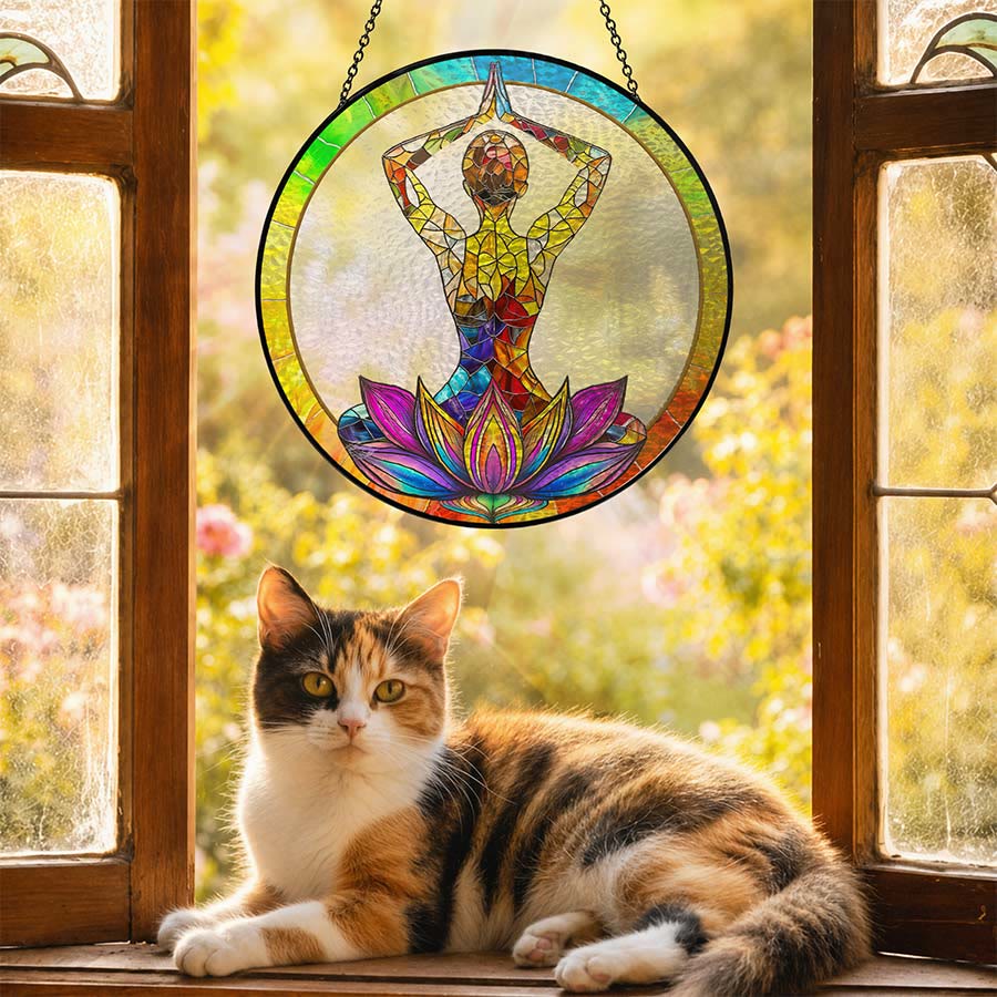 Olivenorma 2D Hands Over Head Meditation Yoga Figure Stained Glass Sun Catcher - image 5