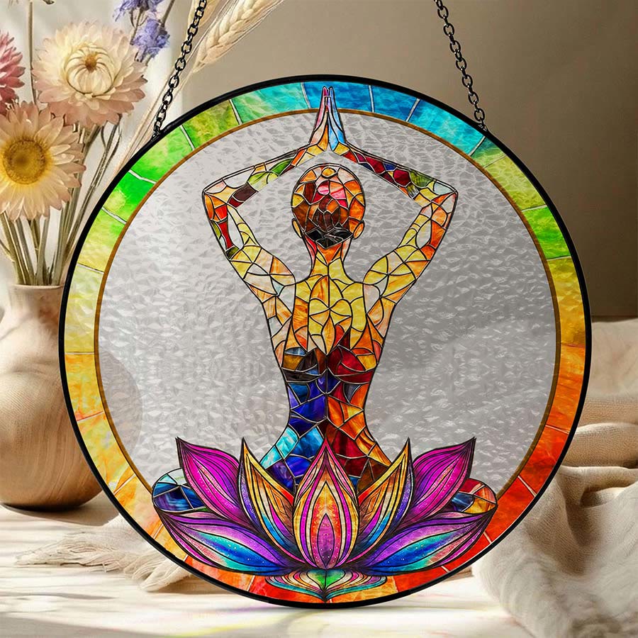 Olivenorma 2D Hands Over Head Meditation Yoga Figure Stained Glass Sun Catcher - image 6
