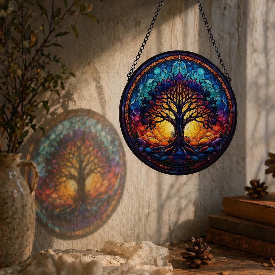 Olivenorma 2D Round Sunset Dual Sun Life Of Tree Mosaic Stained Glass Sun Catcher - image 2